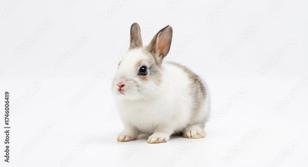 Obraz premium Kleines flauschiges Kaninchen sitzt ruhig hell ausgeleuchtet auf reinwei�em minimalistischen Hintergrund. AI Generated