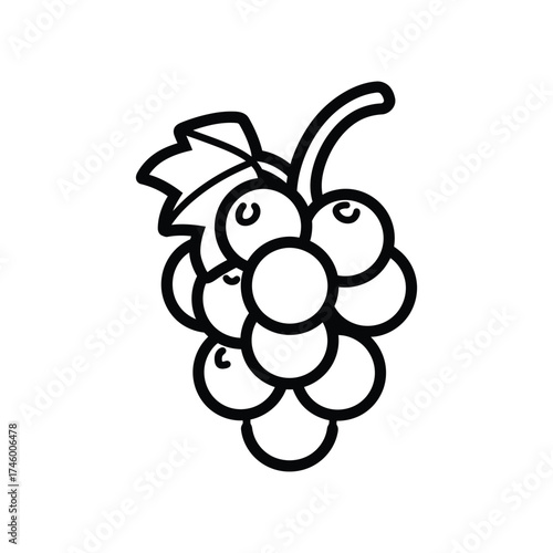 Simple monochrome outline displays fresh grapes with leaves, showcasing natural form over a white background