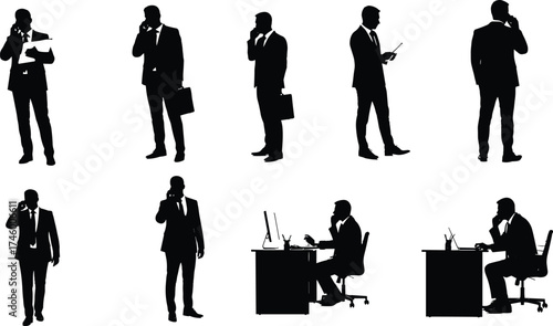 Businessman silhouette set, office people working at desk, standing and talking poses, professional corporate male figures communication vector illustration.