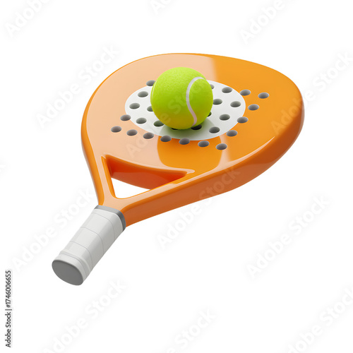 Vibrant Orange Padel Racket and Green Tennis Ball Isolated on Transparent Background: Modern 3D Sport Equipment