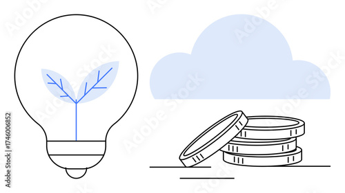 Lightbulb with a plant inside, stacked coins, and a cloud outline. Ideal for sustainability, innovation, finance, renewable energy, eco-tech investment green economy. Simple flat metaphor