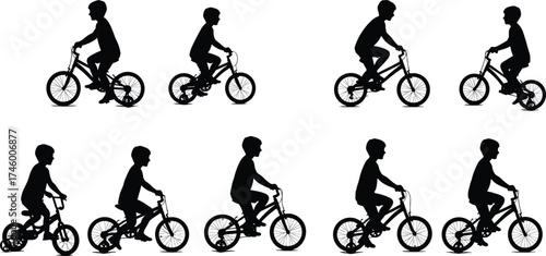 Children riding bicycle silhouette set, kids cycling on small bikes with training wheels, outdoor activity and healthy lifestyle vector illustration.Children 