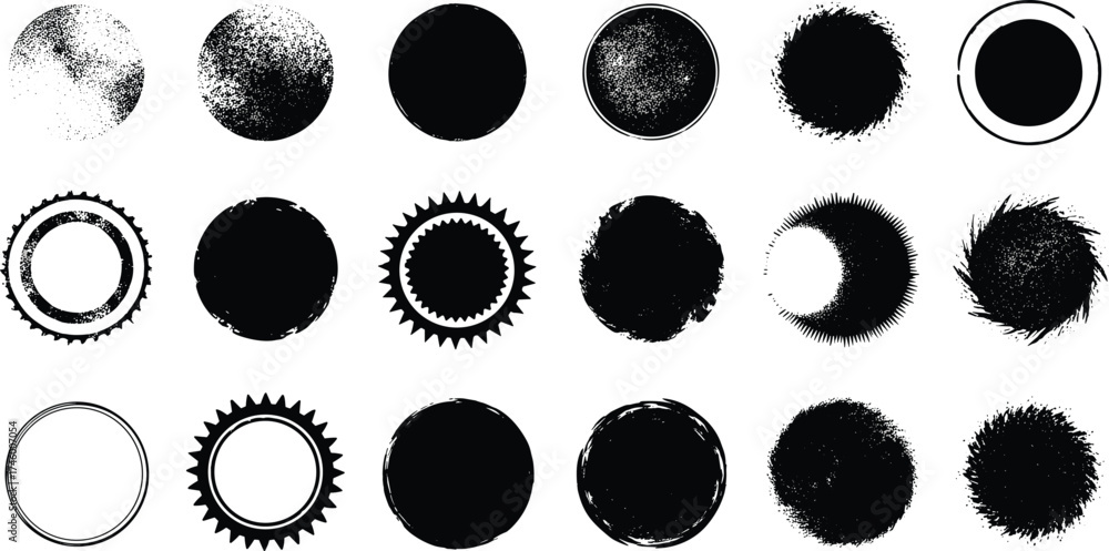 Collection of circular distressed grunge textures and frames for graphic design projects