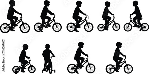 Children riding bicycles silhouette set, kids learning to ride bike with training wheels, outdoor activity and childhood exercise vector illustration.Children 