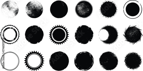 Collection of circular distressed grunge textures and frames for graphic design projects