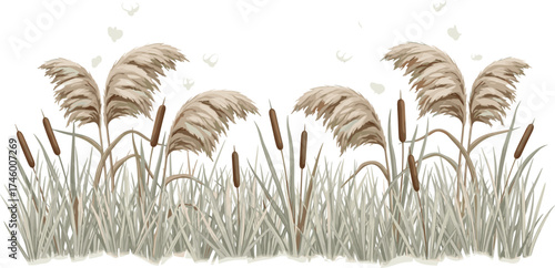 A beautiful watercolor illustration of beige cattails and fluffy pampas grass reeds isolated on a white background, perfect for botanical decor