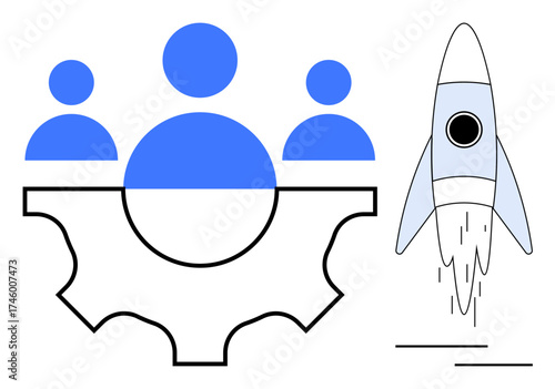 Gear mechanism with three figures symbolizing collaboration and teamwork beside a launching rocket for innovation. Ideal for teamwork, leadership, innovation, project management, startup, success