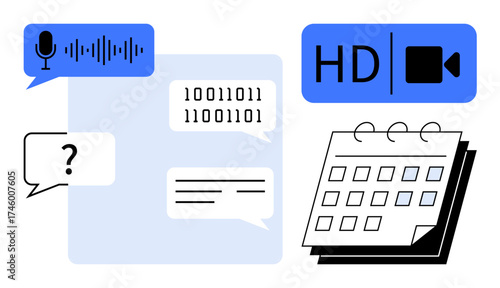 Microphone with soundwave, binary code, chat bubbles, HD video icon, and calendar. Ideal for collaboration, virtual meeting, scheduling communication messaging technology productivity. Simple