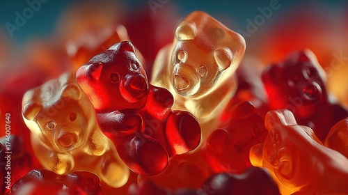 Close-up of gummy bear candies in red and yellow colors on a blurred background.