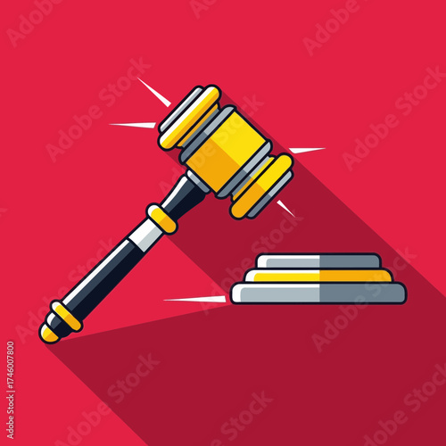 A gavel and sound block, symbolizing justice, law, and legal decisions, isolated on a vibrant red background with a long shadow