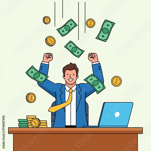A happy businessman in a suit celebrating with money raining down on him, with a laptop and coins on his desk, symbolizing financial success and wealth