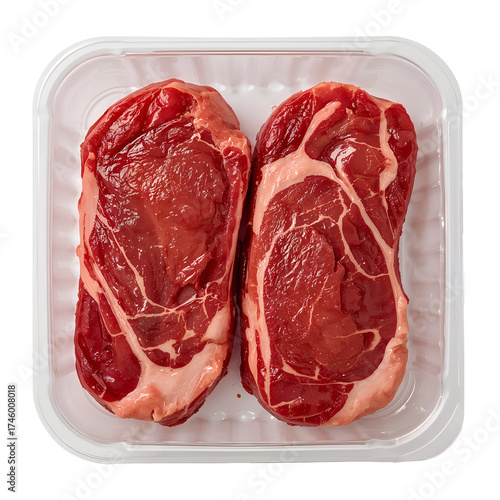Two raw ribeye steaks in a plastic container isolated on transparent background, displaying the texture and fat content of the uncooked beef