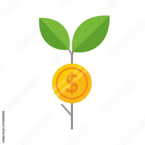 A golden coin with a dollar sign and two green leaves growing from it