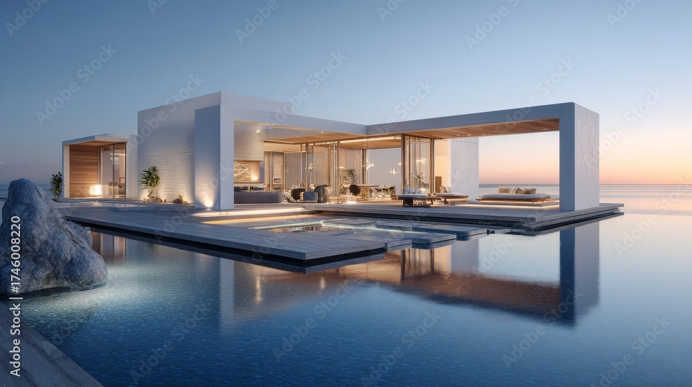 Obraz premium Modern luxurious villa with infinity pool by the sea at sunset