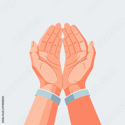 Two open hands reaching upwards in a gesture of prayer or supplication, isolated on a light grey background