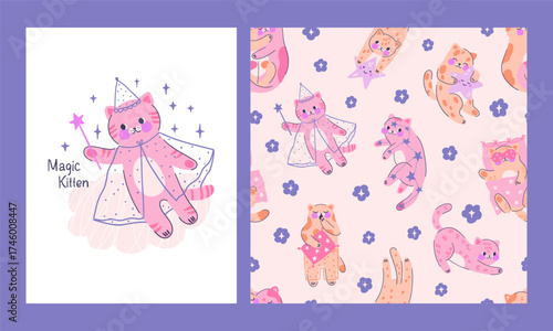 Collection seamless patterns with adorable kittens and composition with cute fairy cat