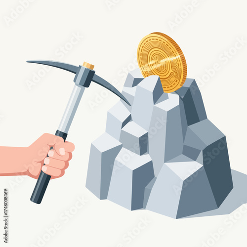 Hand holding a pickaxe mining a golden bitcoin coin from a rock formation, symbolizing cryptocurrency mining and digital asset creation