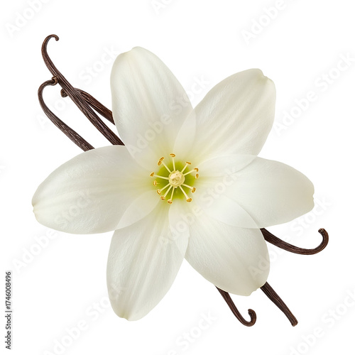 Vanilla flower isolated on transparent background, accompanied by aromatic vanilla bean pods, creating a harmonious blend of floral beauty and culinary essence