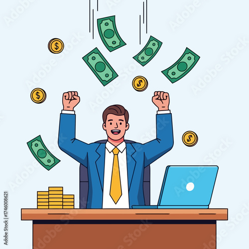 A happy businessman celebrates as money and coins rain down around him, sitting at his desk with a laptop and a stack of gold