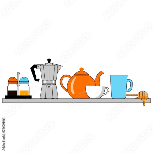 A simple illustration of a coffee maker, teapot, cup, and honey dipper on a shelf