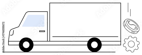 Delivery truck in motion with a coin and gear symbolizing economic aspects, business operations, logistics, transportation, trade, financial management, and supply chain in a simple flat metaphor