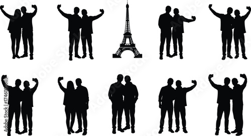 Couple and friends taking selfies near Eiffel Tower, Paris travel silhouette, romantic vacation moment, love and friendship concept illustration