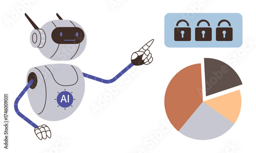 AI robot gesturing toward security locks and pie chart, symbolizing data analysis, cybersecurity, innovation, future technology, digital safety, business strategy, simple flat metaphor
