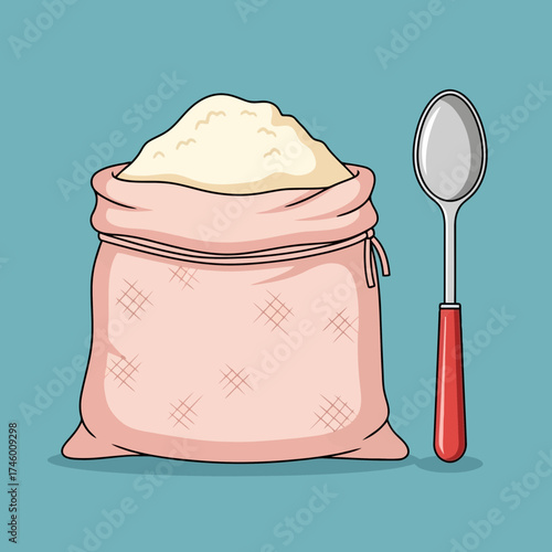 A pink bag full of flour with a redhandled spoon standing next to it on a blue background