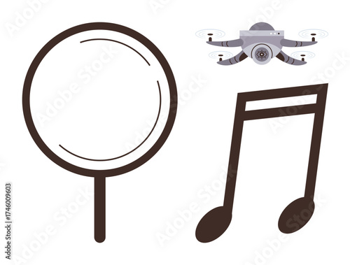 Magnifying glass, music note, and quadcopter image symbolizing exploration, innovation, and artistry. Ideal for education, technology, investigation, music creativity digital media futuristic
