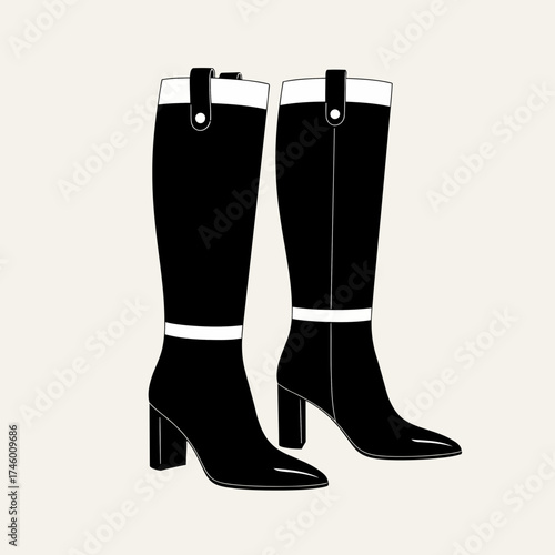 A pair of black highheeled kneehigh boots with white accents, isolated on a light background
