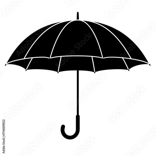 A black silhouette of an open umbrella isolated on a, symbolizing protection from rain or sun