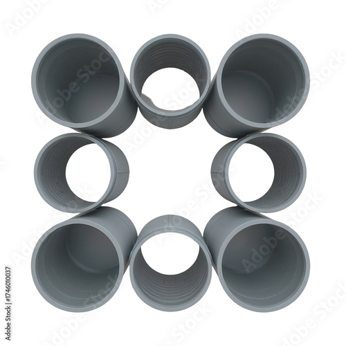Arrangement of gray pvc pipes forming a square shape isolated on transparent background, showcasing industrial design and plumbing materials in a structured layout