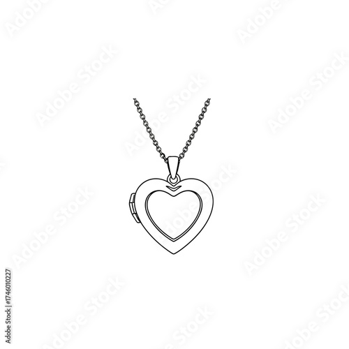 A detailed outline drawing of a heartshaped locket necklace, isolated on a, symbolizing love and memory