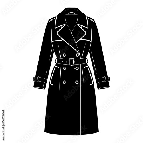 Classic black doublebreasted trench coat with belt and buttons