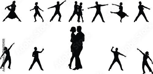 Dance silhouettes collection, dancing couple and solo dancers, modern dance poses, artistic movement illustration, performance vector design, dance art concept