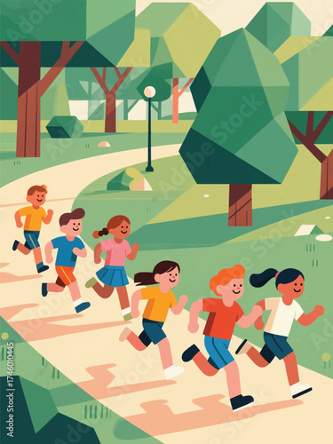 Illustration Of Group Of Children Running In The Park Vector Design Template