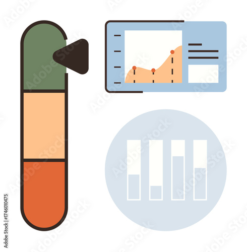 Slider with green, yellow, red sections and chart with rising graph, bar graph overlay. Ideal for analytics, progress tracking, performance metrics, statistics, monitoring business insights data