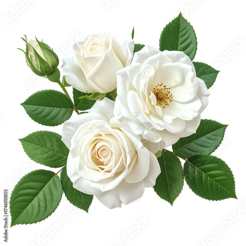 Cluster of white roses in various stages of bloom with vibrant green leaves against black