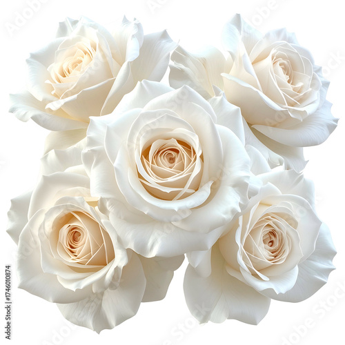 Close-up of six creamy-white roses arranged in a circular pattern against a black background