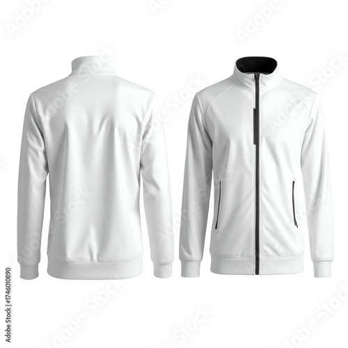 White sporty jacket, front and back view, featuring a collar and pockets
