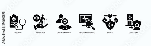 Ethical Senior Vision Icon Set Isolated Vector Illustration Concept With Icon Of Check Up, Geriatrics, Ophthalmology, Health Monitoring, Ethical, Outpatient,  In Black Style