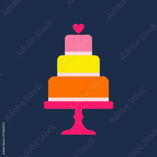 A colorful, threetiered wedding cake with a pink heart on top, presented on a cake stand against a dark blue background