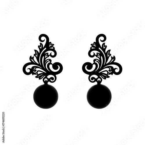 Elegant black filigree earrings with round black pearl drops