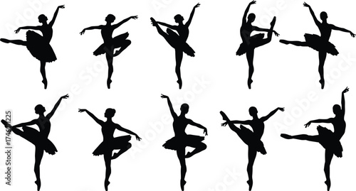 Elegant ballerina performing various poses, classical ballet dancer silhouette, graceful dance movement, artistic performance, professional ballet illustration on white background