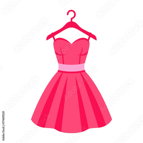 A vibrant pink strapless dress with a sweetheart neckline and pleated skirt, elegantly displayed on a pink hanger