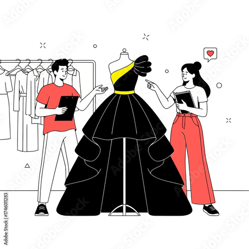 Fashion designer and assistant working on a black ball gown on a mannequin in a studio