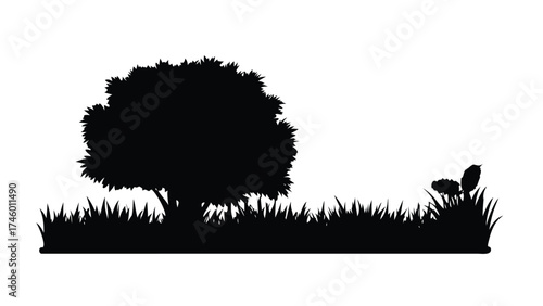 Solid Black Silhouette Vector Border Scene: Tree, Bush, Tall Grass