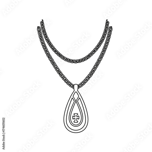 Elegant double chain necklace with a teardrop pendant featuring a cross