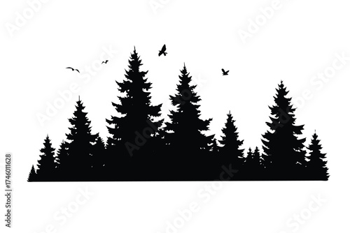 Solid Black Silhouette Vector of Forest Horizon with Flying Birds

