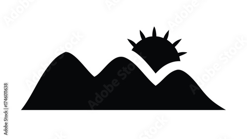 Solid Black Silhouette Vector of Sunrise Over Hills and Mountains